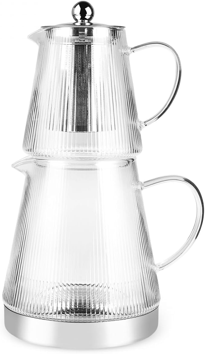Karaca Keops XL Borosilicate Glass Teapot with Infuser and Lid for Stovetop, Transparent Silver, 1L Tea Pot & 2L Tea Kettle Set for Loose Leaf & Herbal, Dishwasher Safe - Bloomnest