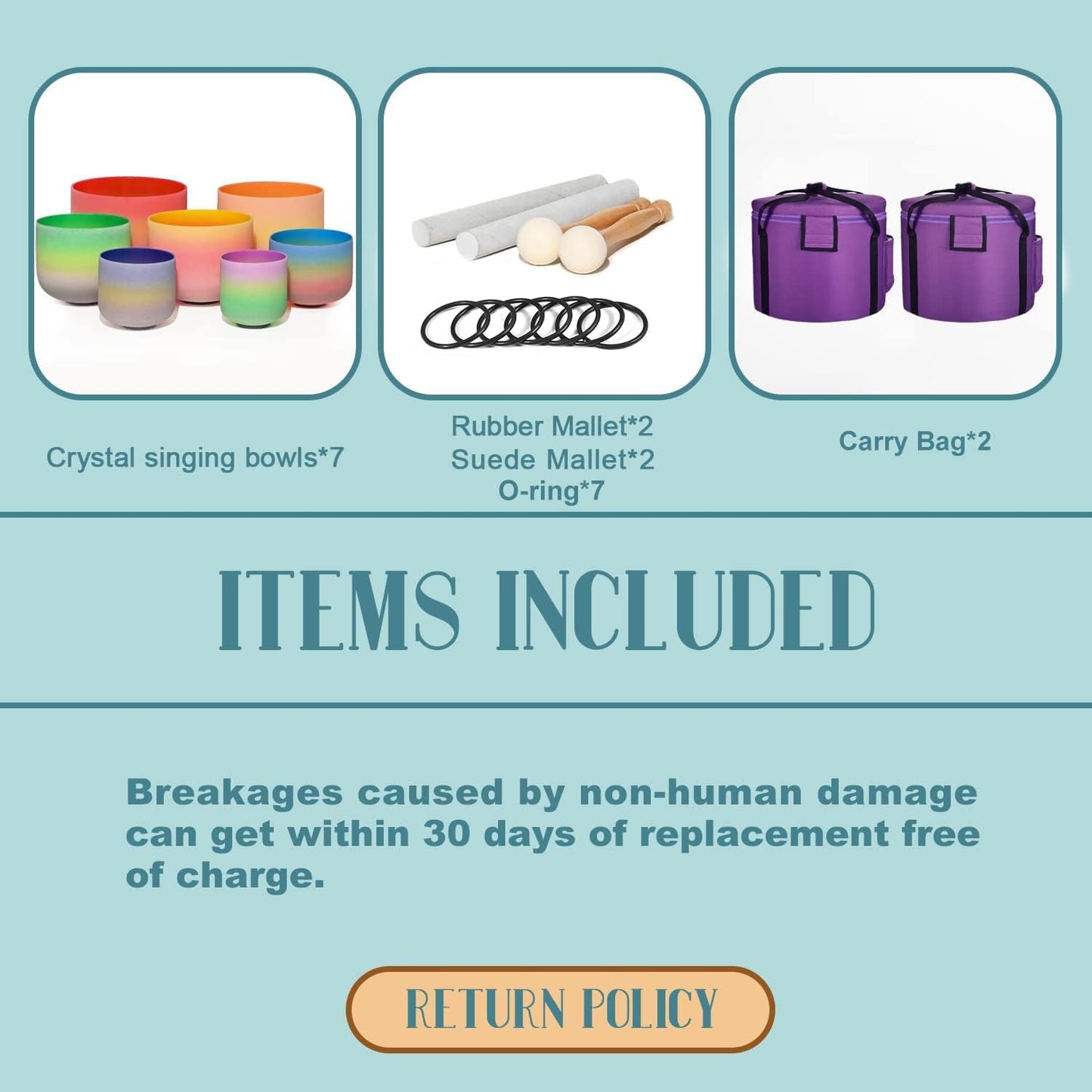 440HZ 6"-12" Set of 7 PCS Quartz Rainbow Crystal Singing Bowls Set Sound Healing with Carrying Case Mallet and Suede Striker