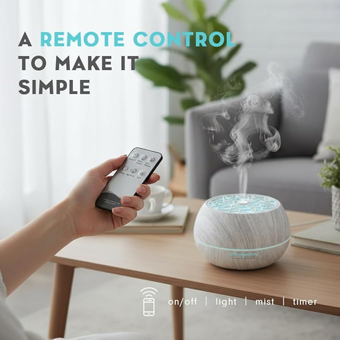550ml Large Capacity Essential Oil Diffuser 6 Essentil Oil Set Aromatherapy Ultrasonic Air Humidifier with Timer and 7 Color LED Night Light Remote Control Waterless Auto-Off White Wood Grain - Bloomnest