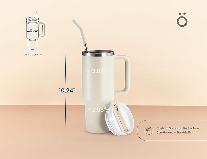 KooK Tumbler with Straw and Handle, 40 Oz, Stainless Steel, Vacuum Insulated Travel Coffee Mug, Reusable Double Walled Water Bottle, Keeps Hot or Cold (Antique White) - Bloomnest