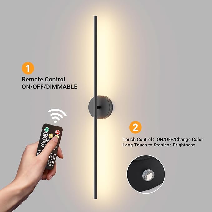 Tipace Battery Operated Wall Sconces Set of 2,360°Rotation Rechargeable Wall Lights:Dimmable Detachable Wall Lamp with Remote Control,3000K-6000K Infinite Dimming Wall Sconce 32.7 Inch - Bloomnest