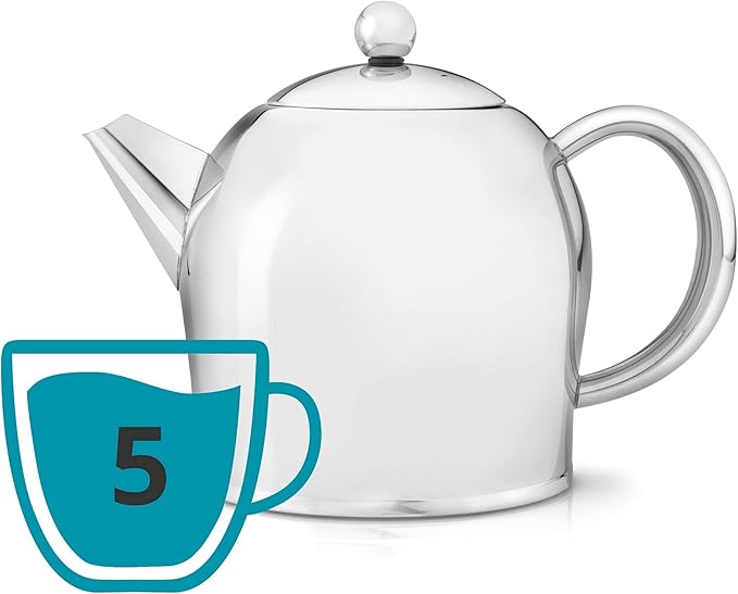 bredemeijer Santhee Double Walled Teapot, 1.0-Liter Stainless Steel Glossy Finish with Glossy Accents - Bloomnest