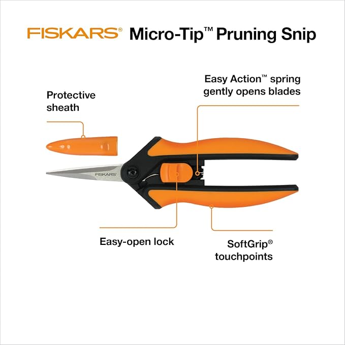 Fiskars Micro-Tip Pruning Snips - 6" Garden Shears with Sheath and Comfort Grip - Sharp Steel Blades - Quality Pruning Shears for Plants in Grow Tents and Hydroponics - Garden Tools - Bloomnest