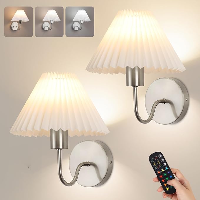 Wireless Wall Sconce Sets of 2, Pleated Shades Rechargeable Battery Operated Wall Sconce, Retro gooseneck Brushed Nickel Bathroom Vanity Lights, Wall Mounted Lamps for Bedroom Living Room Hallway - Bloomnest