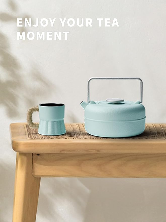 Toptier Teapot with Removable Infuser, Cast Iron Tea Kettle Stovetop Safe, Solid Geometry Cylinder Design Tea Pot Coated with Enameled Interior for 27 Ounce (800 ml), Babyblue - Bloomnest