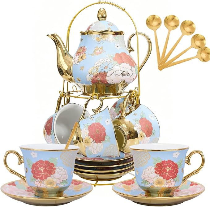 CHANJOON Gold Plated Red Rose Ceramic Tea Set, Vintage Tea Sets with Teapot, Beautiful Tea Set Coffee Serving 6 People (Green, X Large) - Bloomnest