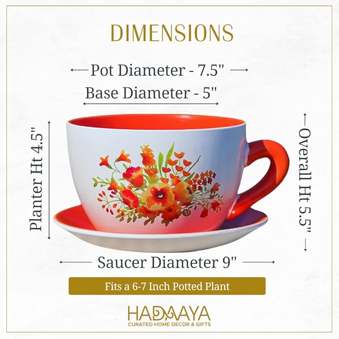 7.5" Round Ceramic Teacup Shape Planter Pot with Saucer for Succulents Orchids Herbs Cactus Indoor Houseplants Flowers for Home Garden and Event Decor – Orange Poppy Floral - Bloomnest