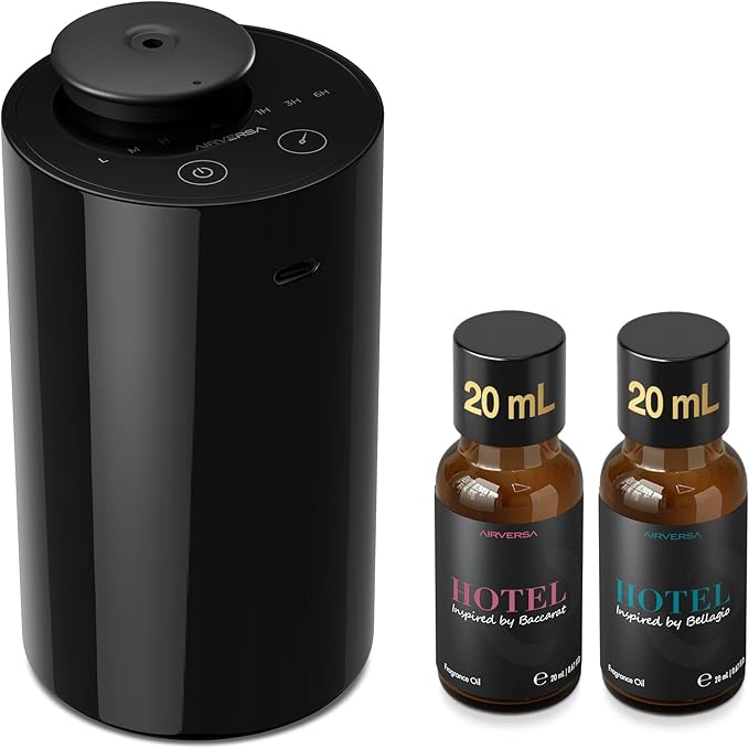 Airversa Waterless Essential Oil Diffuser Starter Kit with 2x20mL Hotel Fragrance Oils for Car Home Office, Cordless Battery Operated Scent Air Freshener Diffuser, Mist & Timers, AN6-Kit3 Black - Bloomnest