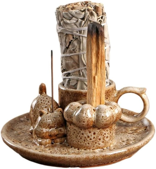 4 in 1 Casual Cat Incense Burner,Sage Holder Palo Santo Sticks Holder,Smudge Stick Ash Catcher Tray for Meditation Yoga Room (Yellow) - Bloomnest