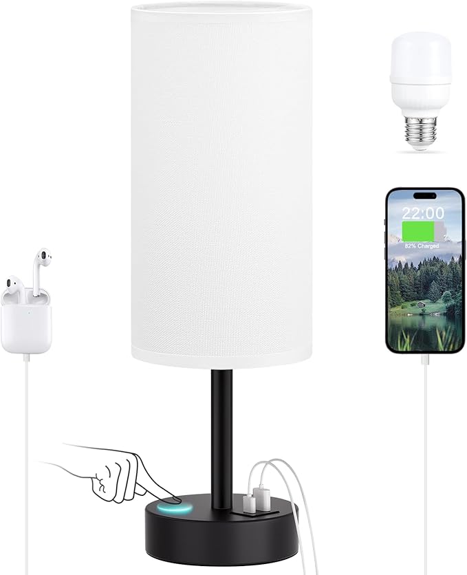 Dicoool White Touch Table Lamp with USB - 3 Way Dimmable Bedside Lamp for Nightstand, Bedroom Lamp with Black Charging Station for Desk, Office, Kids Room, Dorm, Small - Bloomnest