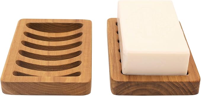 Slotted Soap Dish 2 Pack Teak Wood by HTB, Kitchen Wooden Sponge Holder, Self Draining Soap Dish for Shower, Sink, Bathroom, Bathtub, RV - Bloomnest