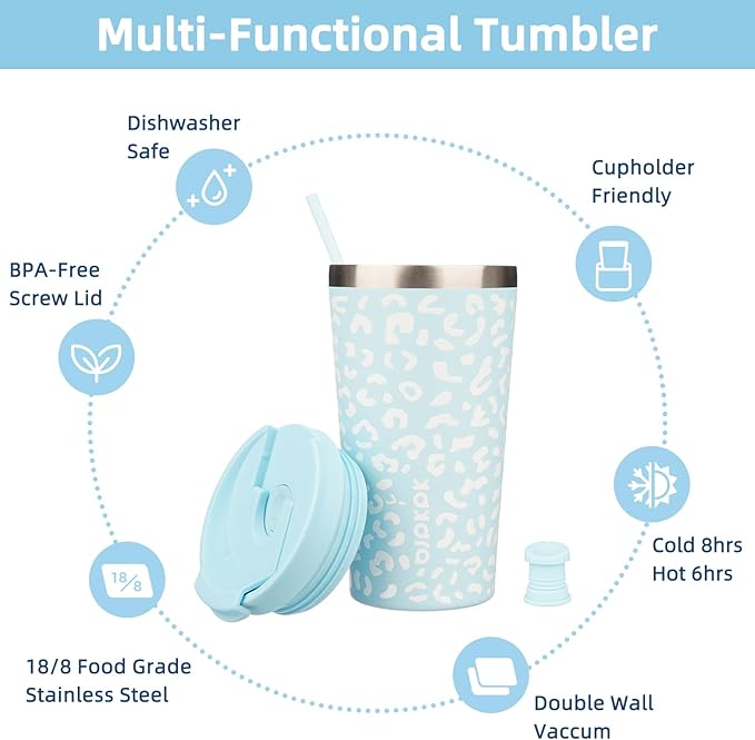 BJPKPK 18oz Tumbler With lid And Straw Stainless Steel Travel Coffee Mug Insulated Tumblers Cups,Light Blue Leopard - Bloomnest