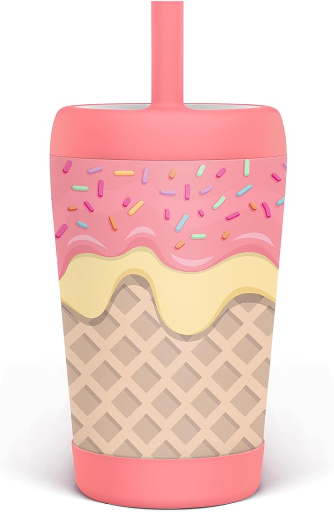 Kid Insulated Stainless Steel Tumbler with Silicone Straw, 12oz Sippy Cup for Kids (Sweet Ice Cream) - Bloomnest