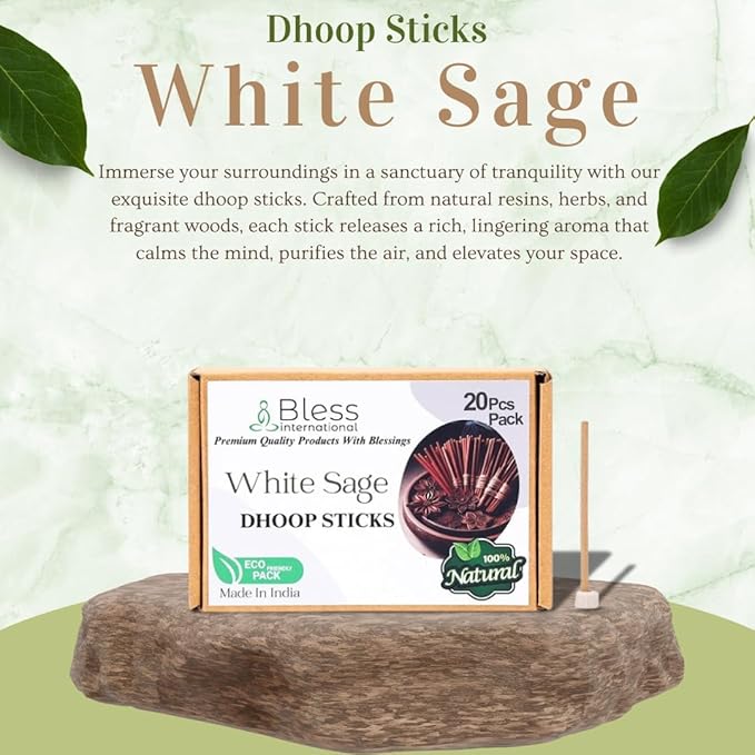Bless-International White-Sage-100%-Natural-Incense-Bambooless-Dhoop-Sticks Handmade-Organic-Chemicals-Free for-Purification-Relaxation-Positivity-Yoga-Meditation The-Best-scents-4.5-Inches-20-Sticks BlessInternational