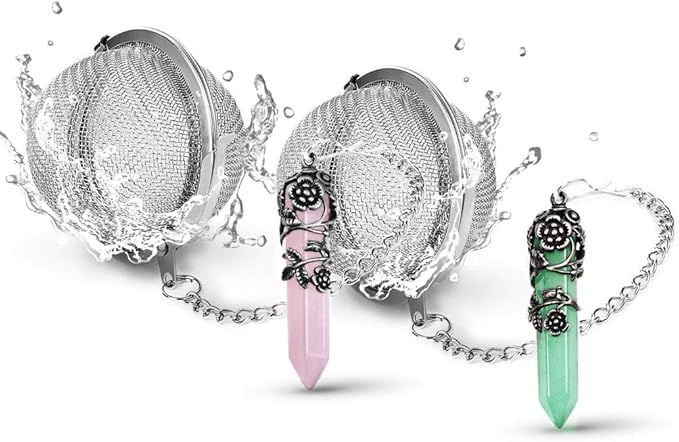 2 Pack Healing Crystal Pendant Loose Tea Steeper Tea Infusers Tea Strainers for Couple Gift,Antique Silver Flower Wrapped Natural Gemstone Hexagonal 18/8 Stainless Steel Fine Mesh Tea Ball