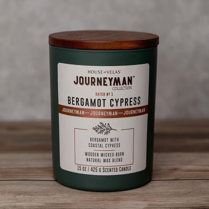 Journeyman Collection Candle, 15oz, Wooden Wick, Bergamot Cypress, Large Painted Jar - Bloomnest