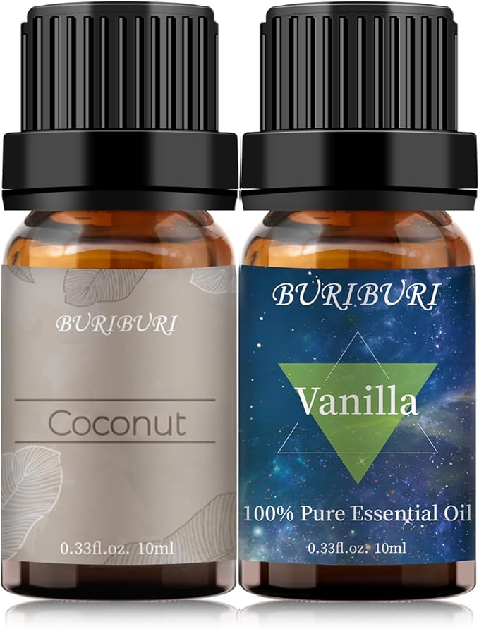 BURIBURI Vanilla Essential Oil and Coconut Oil Essential Oil, 2Pack Essential Oil Set, 100% Pure, Natural Essential Oils 10ml for Diffusers, Masage, Candle Making Soap Making BURIBURI