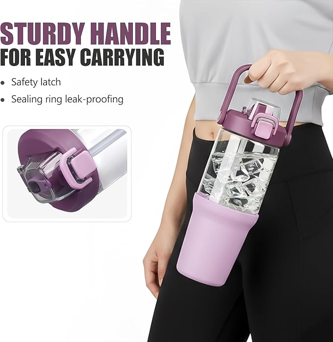 Glass Tumbler with Carry Handle, Clear Glass Water Bottle with Leakproof Lid, Spout Lid&Straw, BPA-Free, 32 oz, Lilac - Bloomnest