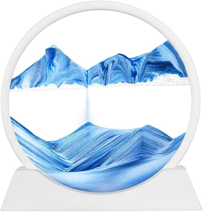 Moving Sand Art Picture in Motion, Round Tempered Glass 3D Deep Sea Sandscapes with Display Flowing Sand Frame for Relaxing Desktop Home Office Work Décor for kids adults （white frame blue, 12inch) - Bloomnest