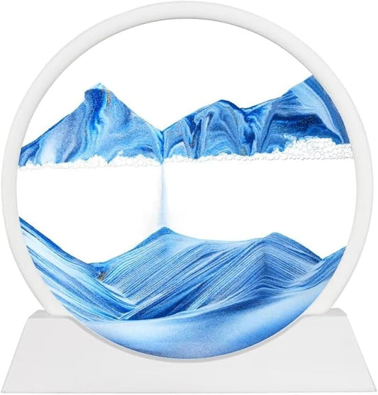 Moving Sand Art Picture in Motion, Round Tempered Glass 3D Deep Sea Sandscapes with Display Flowing Sand Frame for Relaxing Desktop Home Office Work Décor for kids adults （white frame blue, 12inch) - Bloomnest