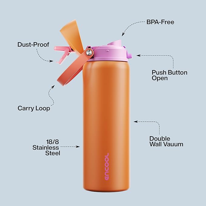 Insulated Water Bottle with Straw - Encool Stainless Steel Water Bottle with Push Button Lid, Leak-Proof & BPA-Free, Keeps Cold for 24 Hours for Sports, Travel, Gym (32 oz, Tiger Eye) ENCOOL