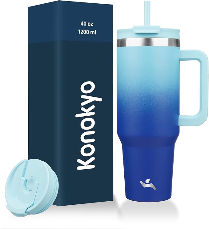 40 oz Tumbler with Handle and 2 Straws,2 in 1 Lid Insulated Water Bottle Stainless Steel Travel Coffee Mug,Sky - Bloomnest