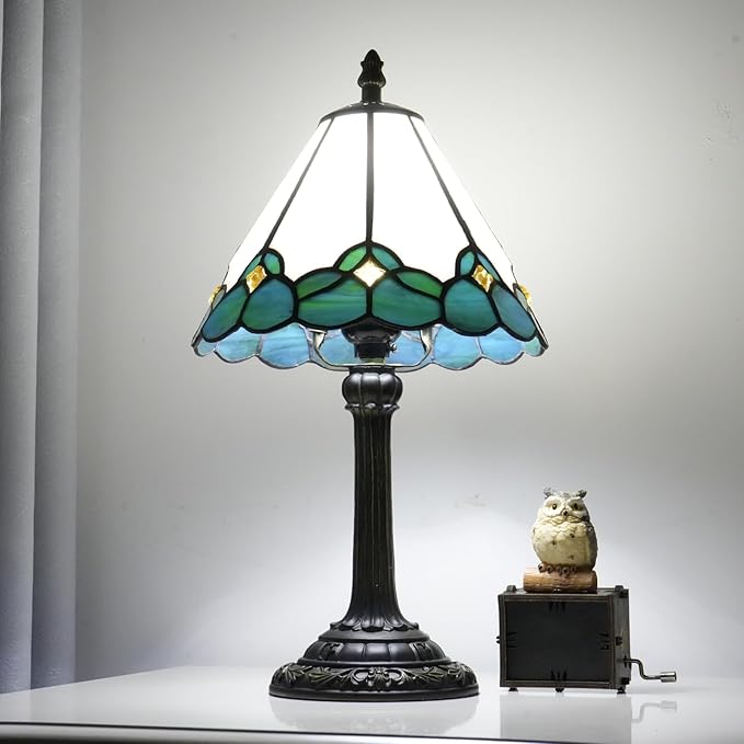 White Tiffany Lamp Small Bedside Dector Light Vintage Stained Glass Table Lamp Living Room Night Lamp Farmhouse Cute Blue Green Butterfly Wings Style Bedroom Nightstand Desk Lamps 8 Inch Mini Gift - Bloomnest