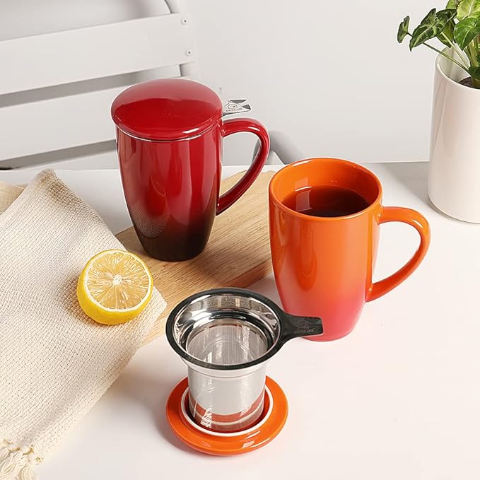 Sweejar Porcelain Tea Mug with Infuser and Lid,Teaware with Filter, Loose Leaf Tea Cup Steeper Maker, 16 Fl Oz for Tea/Coffee/Milk/Women/Office/Home/Gift (Gradient Orange) - Bloomnest