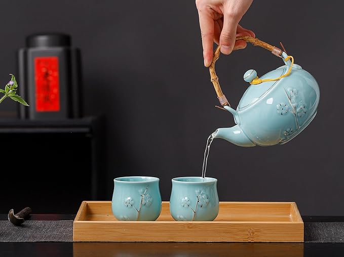 Japanese Tea Set with 1 Teapot(23 oz/660ml), 6 Tea cups(5.3 oz/150ml), 1 Tea Tray, 1 Stainless Infuser, Golden plum blossom relief,Chinese gungFu tea set (Golden plum-Blue) - Bloomnest