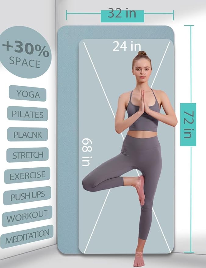Yoga Mat Double-Sided Non Slip, 72'' x 32'' x 7mm - Extra Wide & Thick Yoga Mat for Women Men Kids, Professional TPE Yoga Mats for Home Workout, Yoga, Pilates and Floor Exercise, with Carrier Strap - Bloomnest