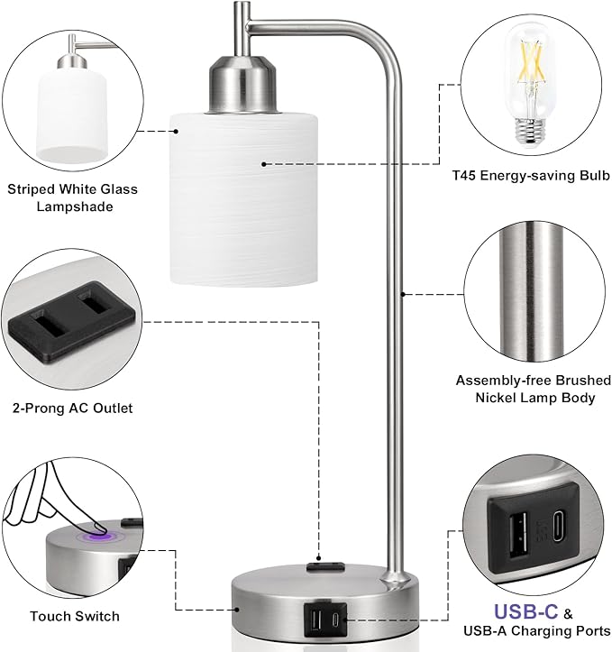 Innqoo Industrial Nickel Table Lamps for Bedrooms Set of 2-3-Way Dimmable Desk Lamp with USB C+A Ports and Outlet, Sliver Lamps with Striped White Glass Shade for Living Room - Bloomnest