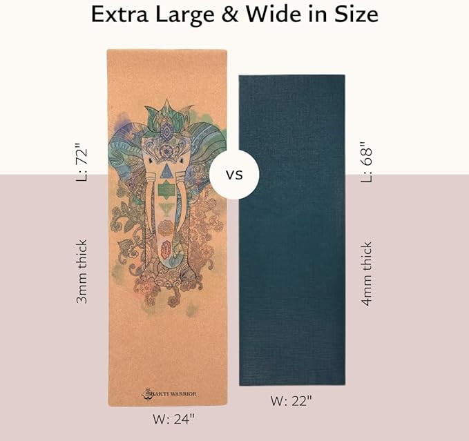 Shakti Warrior Cork Yoga Mat - Artist Designed, Premium Printed Eco-Friendly Non-Slip mat, Great for Regular & Hot Yoga, Pilates, Workouts 72 inch x 24 inch x 3mm Thick - Bloomnest