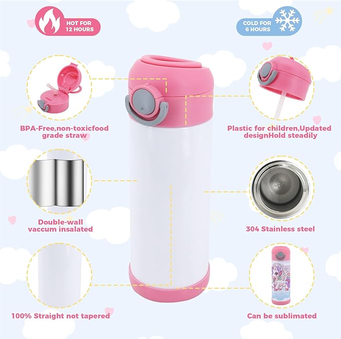 6 Pack 12 OZ Sublimation Straw Sippy Cup Spill Proof Blank Tumblers Mixed Color Stainless Steel Thermoses for Hot Drinks Double Wall Vacuum Insulated Water Bottle for School - Bloomnest