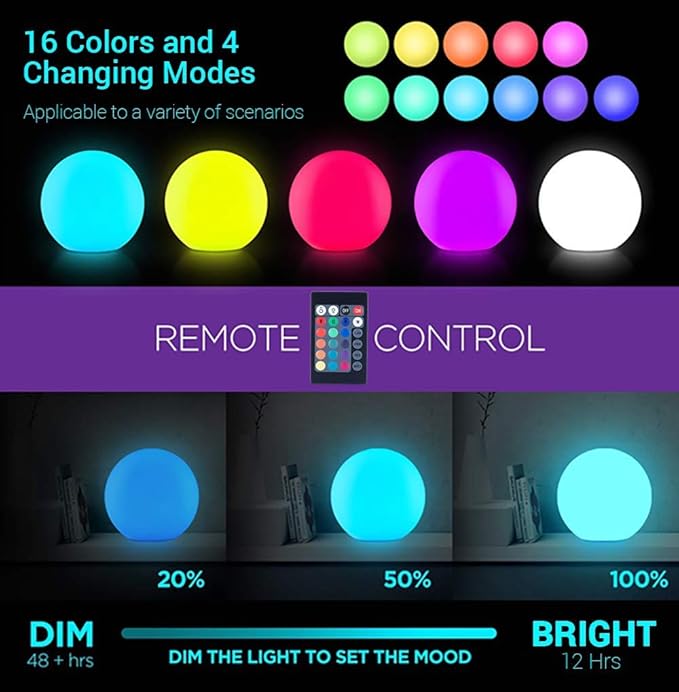 LOFTEK 20-inch LED Large Dimmable Light Ball: RGB 16 Color Changing Glow Ball with Remote Control, Waterproof Floating Pool Lights, Rechargeable for Nursery, Pool, Garden Decor - Bloomnest
