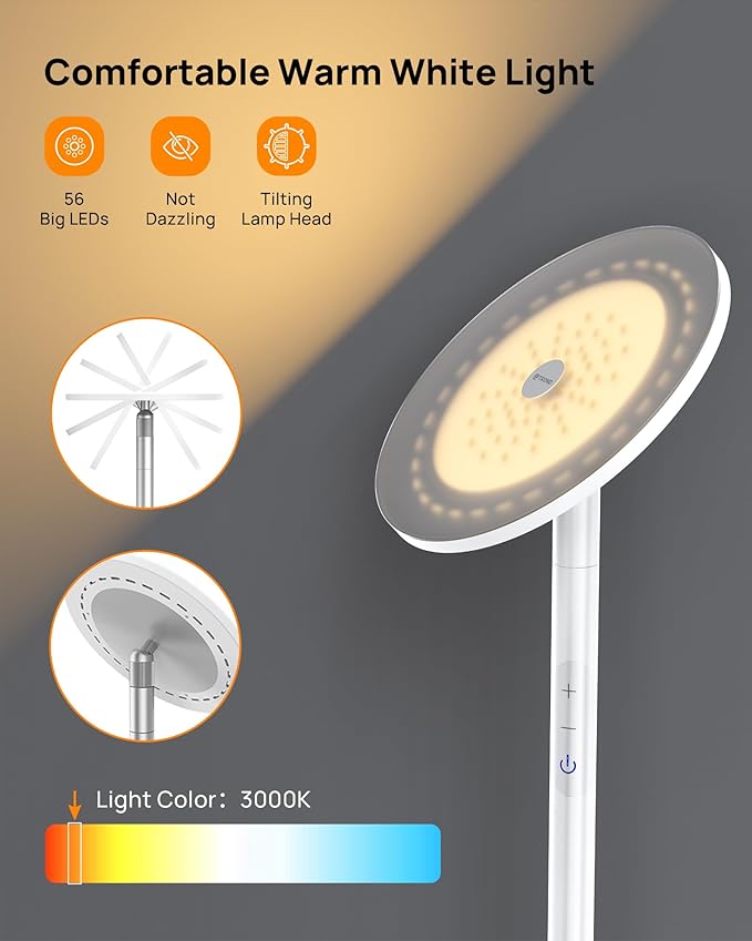 TROND Floor Lamp, 5000LM Super Bright Sky LED Modern Torchiere Standing Lamp, 3000K Warm White with 5-Level Dimmable, 71 in Tall Pole Light, 30-Minute Timer, Modular Rod, Wall Switch Compatible - Bloomnest