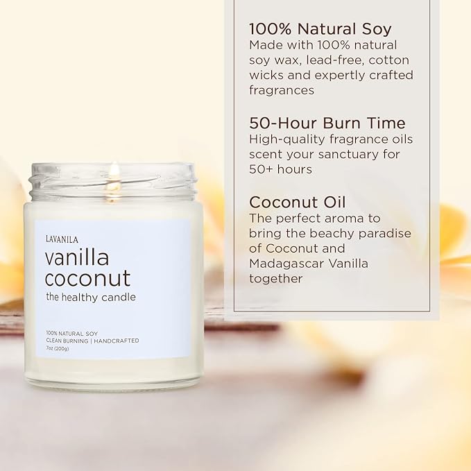 Lavanila Vanilla Coconut Scented Natural Soy Candle (2-Pack) - Handcrafted, Clean Burning 50 Hour Burn Time, 7 oz Each - Bloomnest