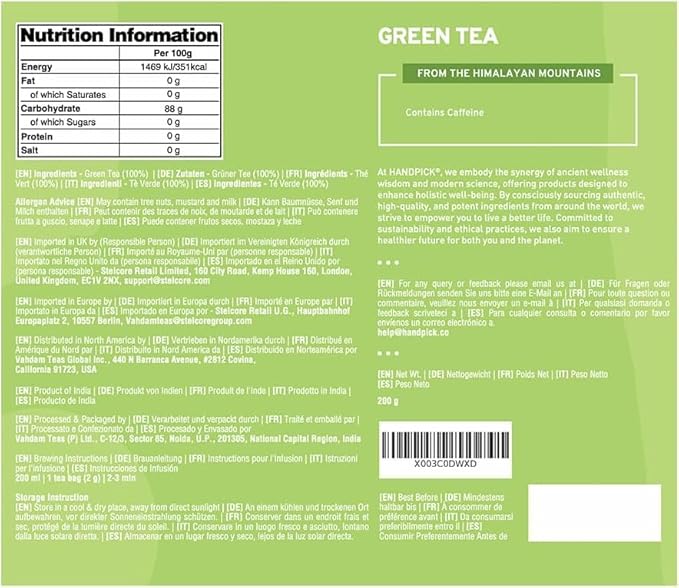 HANDPICK, Organic Green Tea Bags - 100 Eco-Friendly Tea Bags | USDA Organic | Resealable Pack for Freshness | Delicate & Flavory | Direct From India - Bloomnest