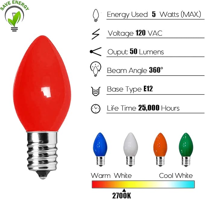 Couah Christmas Light Bulbs C7 Multi-Color Replacement Bulbs（25 Pack） C7 Ceramic Outdoor String Light Replacement Bulbs, C7/E12 Candelabra Base, 5 Watt - Bloomnest