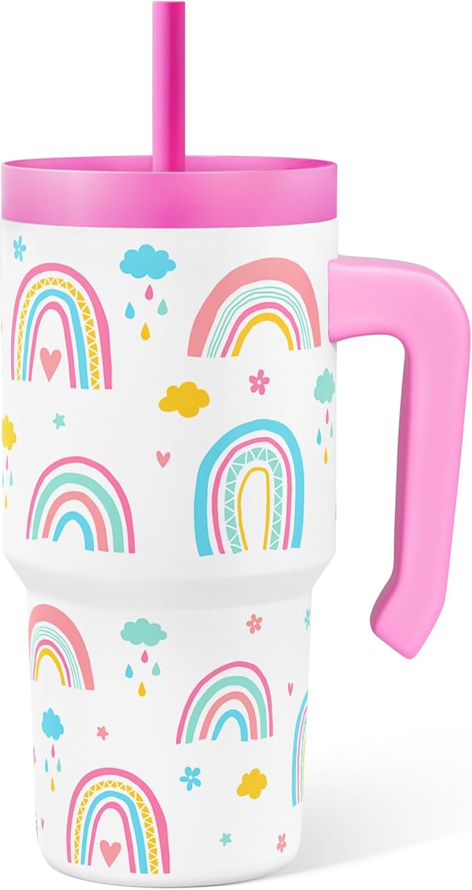 Rainbow Tumbler 20oz with Handle and Silicone Straw Lid for Kid, Insulated Stainless Steel Cup, Gift for Kids Girls, Gifts Idea for Birthday Christmas Back to School - Bloomnest