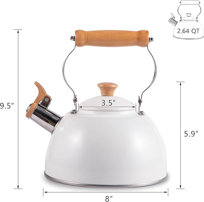 ROCKURWOK Tea Kettle, Tea Pot with Cool Touch Ergonomic Handle, Teapot Food Grade Stainless Steel, Tea Kettle Stovetop, Kettle Teapot, Whistling Tea Kettle, Tea Pot, 2.7 Quart (White) - Bloomnest