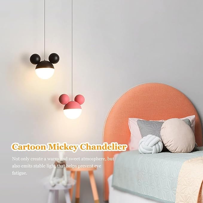 Cartoon Mouse Pendant Lighting for Kitchen Island, Creative Personality Iron Chandelier ，Pink Children's Bedroom Adjustable Cord Ceiling Lamp Shade Hanging Lights for Cafe Dining Room Bedroom (Black) - Bloomnest