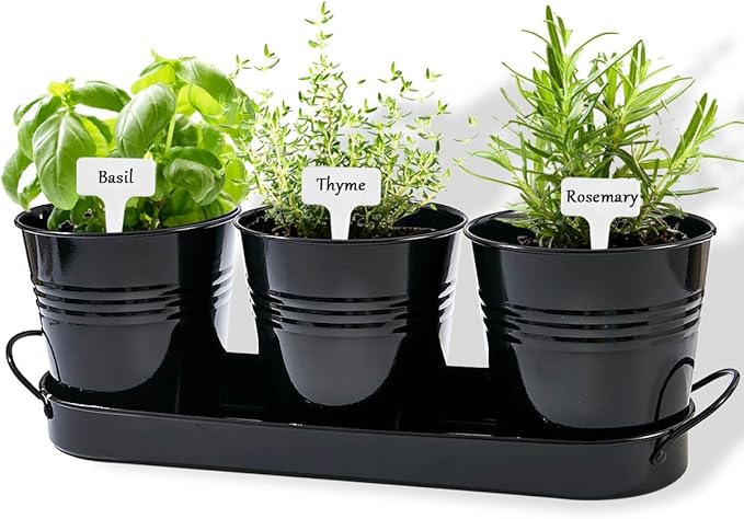 vensovo Indoor Herb Planter Set - Galvanized Windowsill Garden Pots with Tray & Drainage, Set of 3 Metal Window Planters for Kitchen & Outdoor Use, Black - Bloomnest
