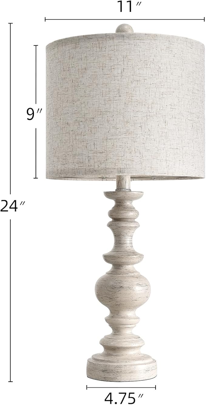 BOBOMOMO 24" Farmhouse Resin Table Lamp Set of 2, Vintage Lamps for Living Room Bedroom with Linen Shades, Traditional Rustic Bedside Lamps Retro Table Lamps for Living Room, Bedroom, Office - Bloomnest