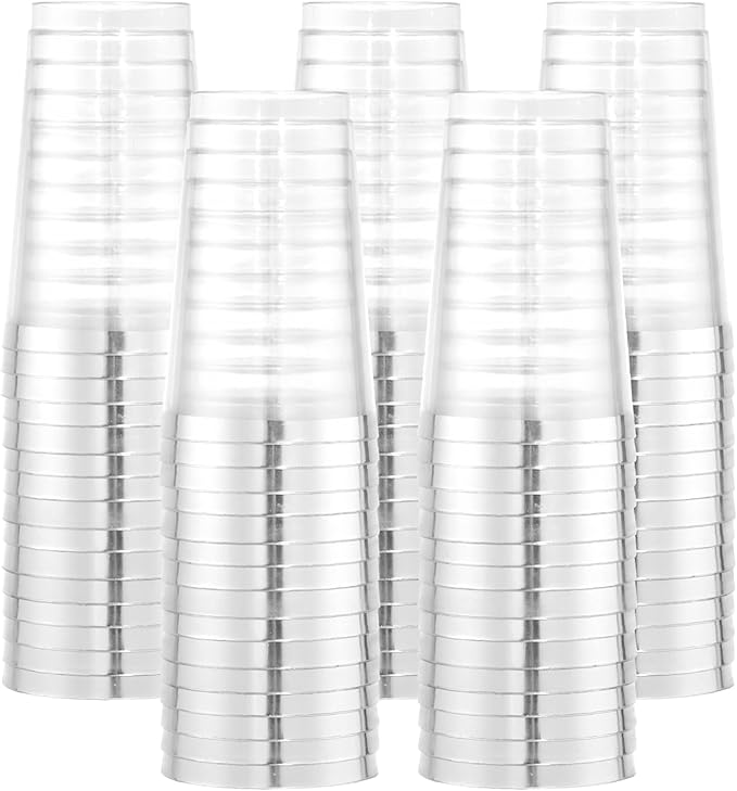 I00000 100 Pack 12 oz Silver Plastic Cups, Silver Rimmed Disposable Cups, Party Wine Glasses Cocktail Glasses Premium Cups with Silver Rim, 12 Ounce Plastic Tumblers For Party - Bloomnest