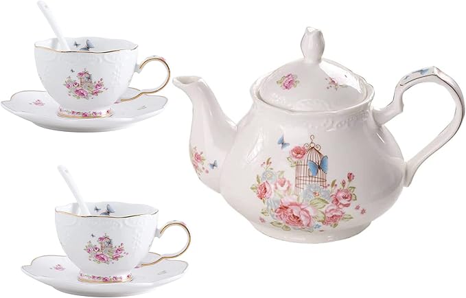 YBK Tech Strengthen Porcelain Coffee Pot Ceramic Teapot- Pink Rose (Teapot+ 2 sets of cup and saucer) - Bloomnest