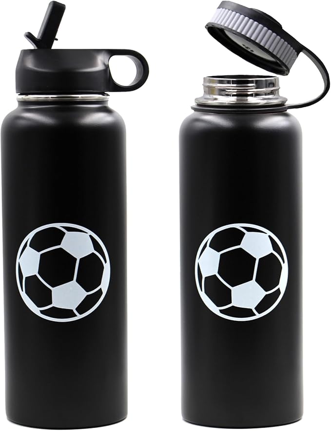 40 oz Soccer Water Bottle with Straw, Wide Mouth Sports Flask Metal Travel Tumbler with 2 Lids, Stainless Steel Double Wall Vacuum Insulated Leak Proof Thermo Water Jug, Soccer Gifts for Boys Girls - Bloomnest