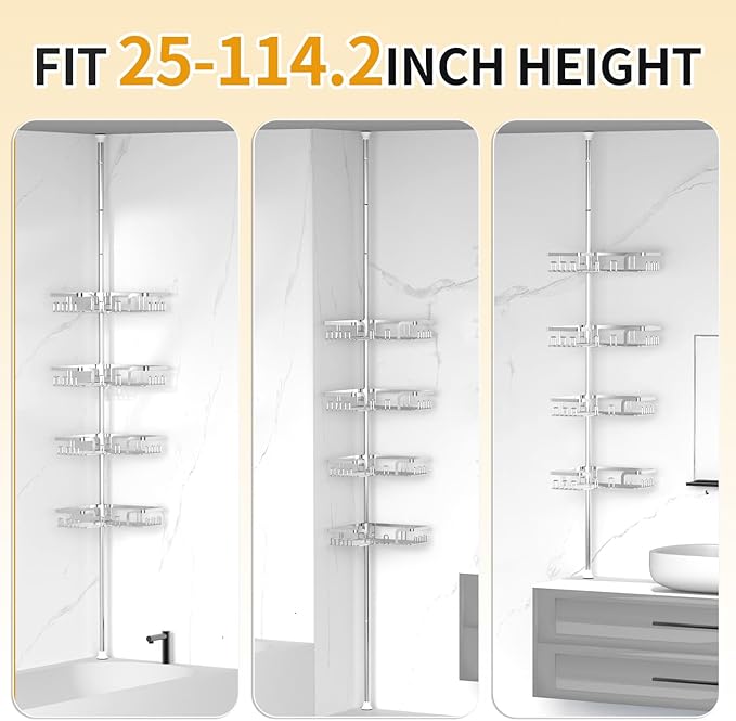 KEGII Adjustable Shower Caddy Corner Tension Pole, Rustproof Shower Rod Organizer with Hooks, Floor to Ceiling Tension Rod 25-114.2 Inch, Bathtub Storage Organizer for Shampoo, 4-Tier Silver - Bloomnest