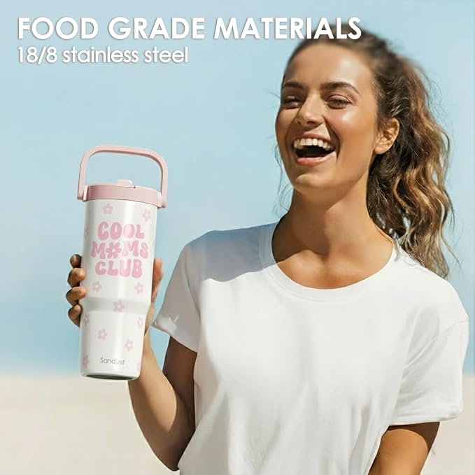 SANDJEST Mom Stainless Steel Straw Lid Tumbler 30oz with Carry Handle for Women, Cool Mom Club Insulated Travel Coffee Cup, Gift for Sports Outdoor Mother's Day Christmas Birthday - Bloomnest