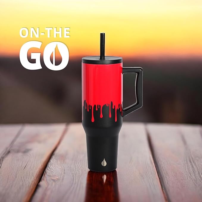 Elemental 40 oz Tumbler with Handle and Straw - Spill Proof Insulated Stainless Steel Commuter for Hot and Cold Beverages - Travel Coffee Mug with 2 Straws & Spill Proof Lid - 40oz - Sanguine Drip - Bloomnest