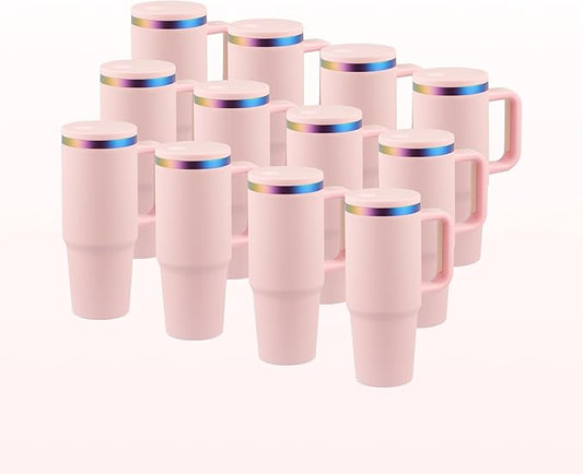 OMTech 40 oz. Tumblers with Handle & Lid, 12 Pack Tumbler Bulk with Double Wall Vacuum Insulation, Food-Grade Stainless Steel Insulated Coffee Mug, Sweatproof Travel Mug for Hot Cold Drinks, Pink - Bloomnest